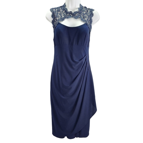 XSCAPE Lace Cutout Ruched Midi Dress Navy 6 NWT - Picture 1 of 13
